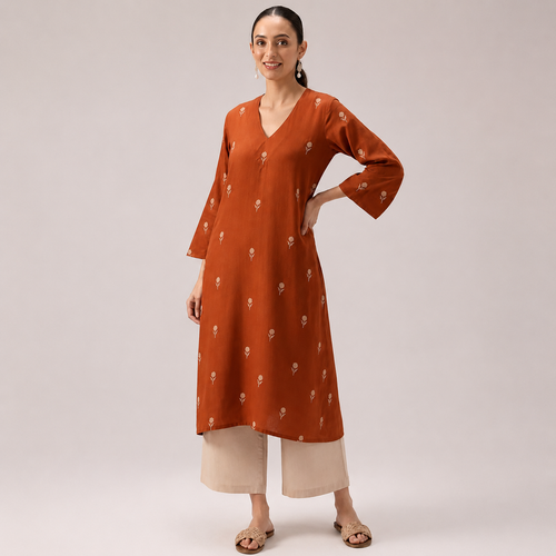 Beautiful Rust Floral Printed Rayon Kurta Palazzo Set Elegant Daily Wear Comfort