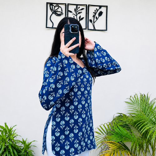 Blue Floral Printed Rayon A-Line Kurti Casual Everyday Ethnic Wear