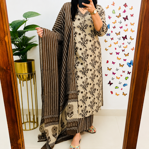 Beige Floral Printed Rayon Kurta Pant Dupatta Set Elegant Ethnic Wear