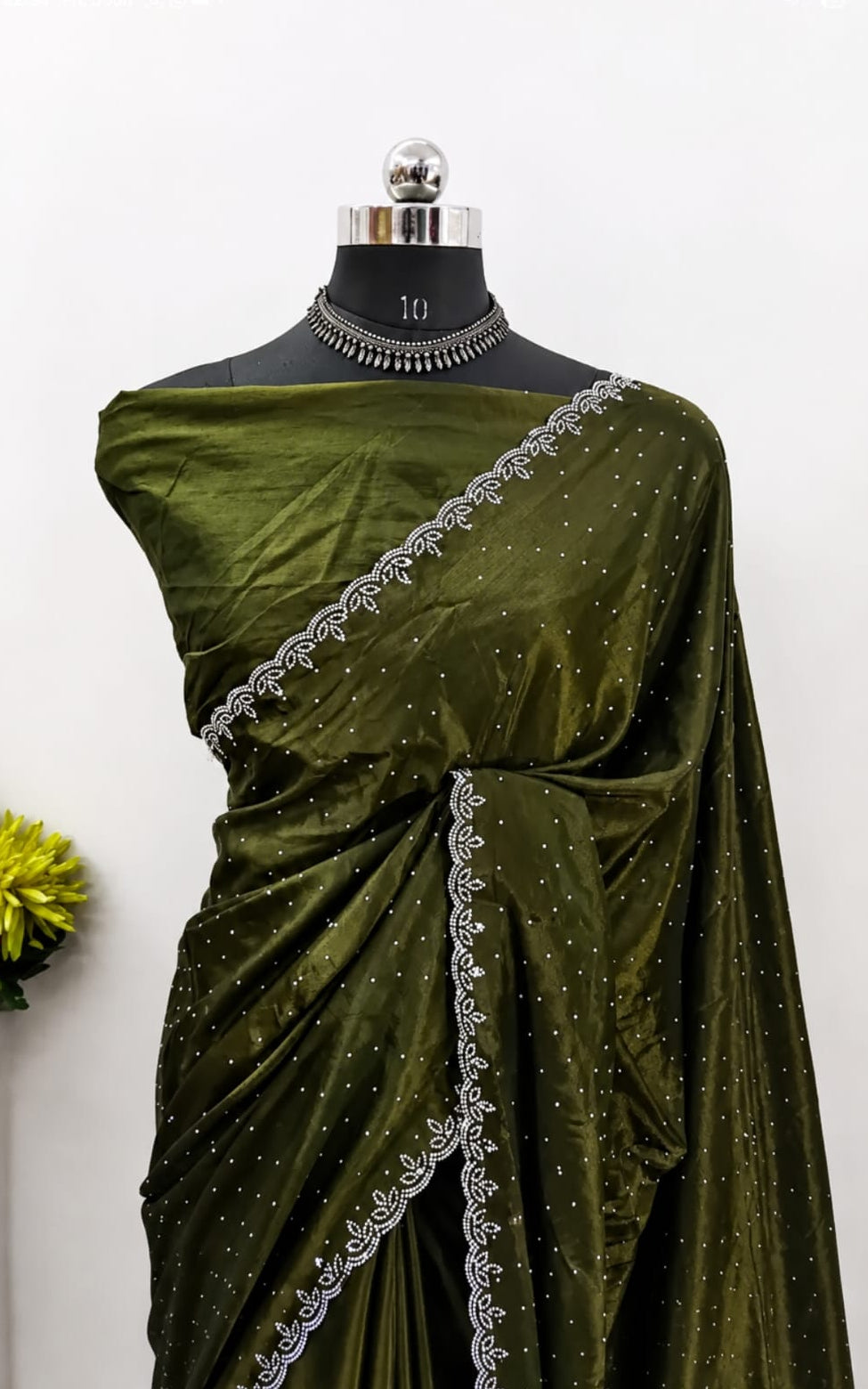 new chinnon green saree with running blouse