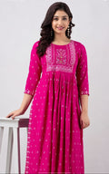 pink rayon kurti, round neck, three quater sleeves length