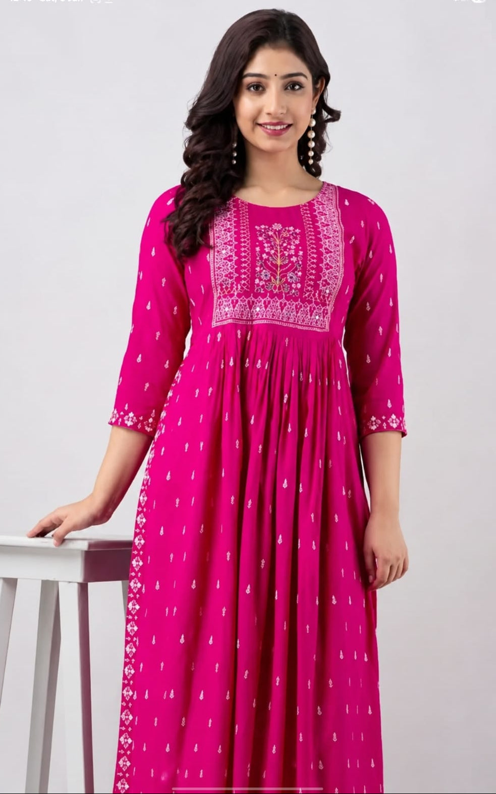 pink rayon kurti, round neck, three quater sleeves length