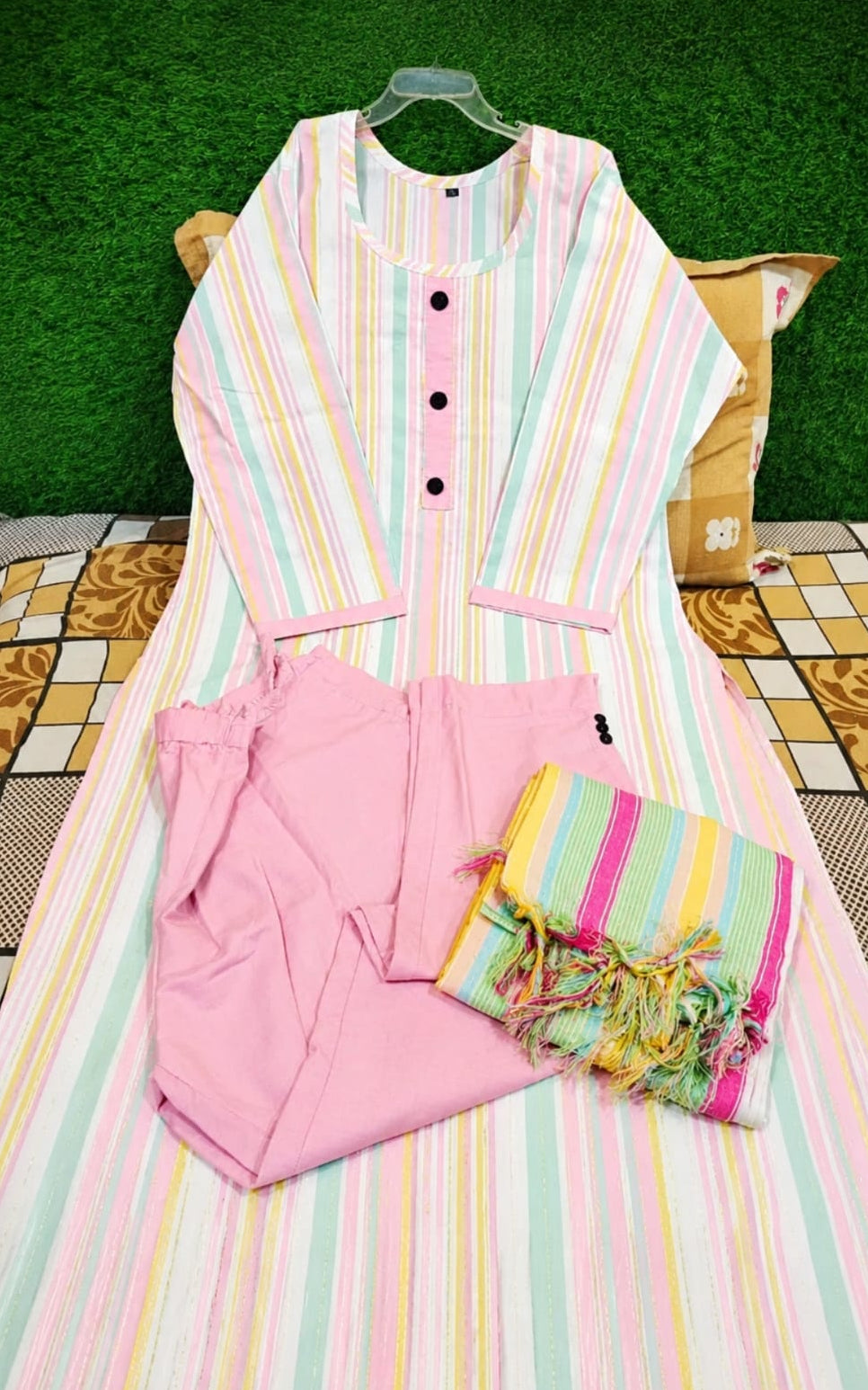 khadi cotton kurti with pant and duppata, round neck, sleeve lenght three quater