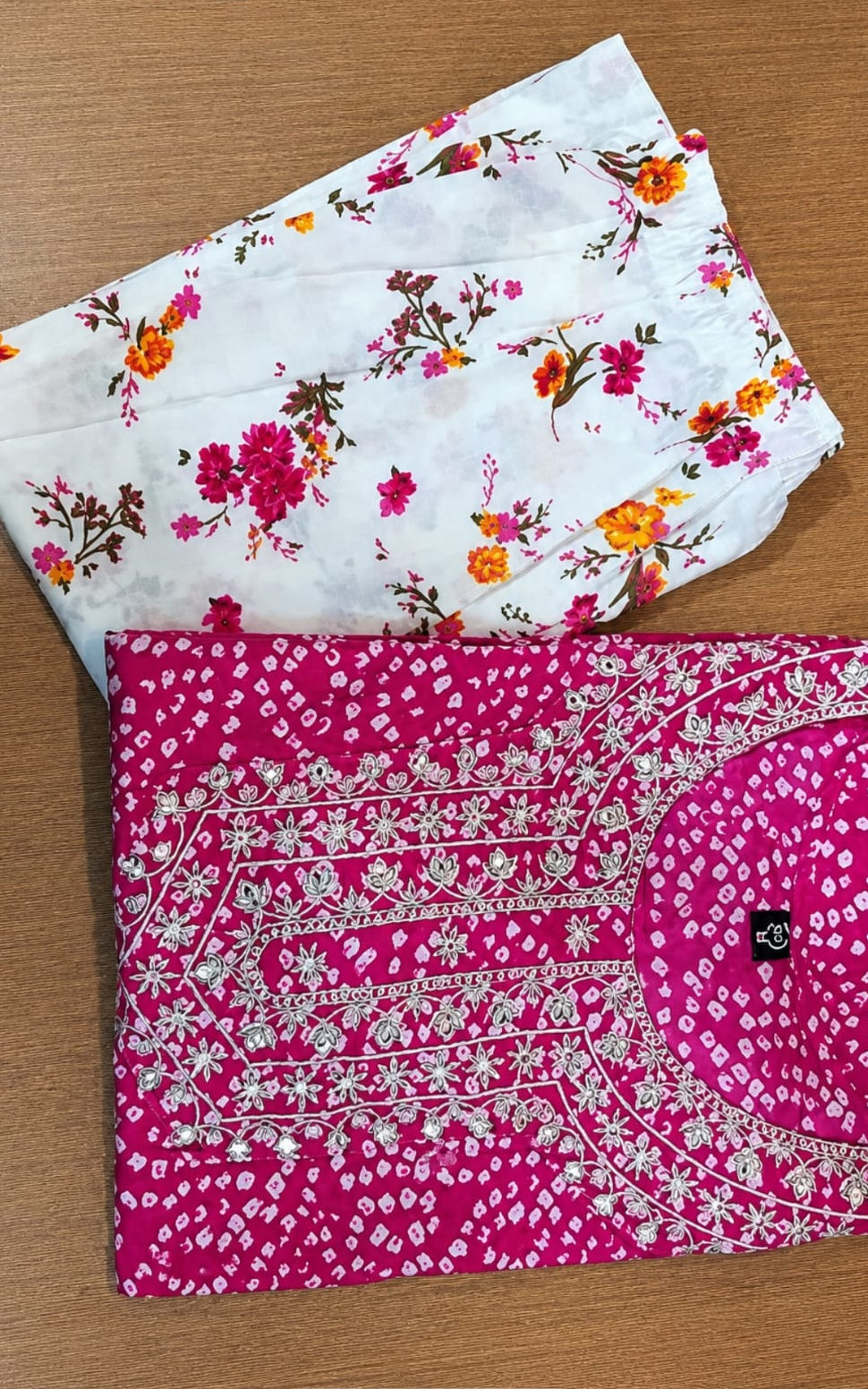 bandhani cotton kurta with pants calf length, round neck, three quater sleeves length
