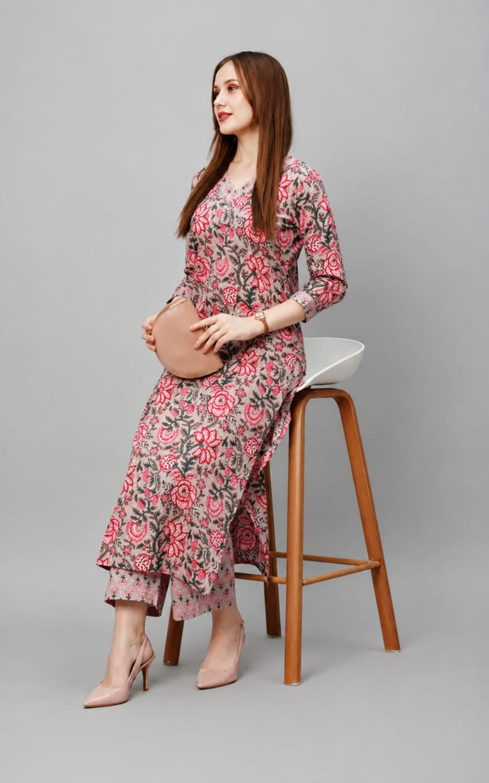 cotton kurta with pants, calf length, V-neck, three quater sleev length, gota work