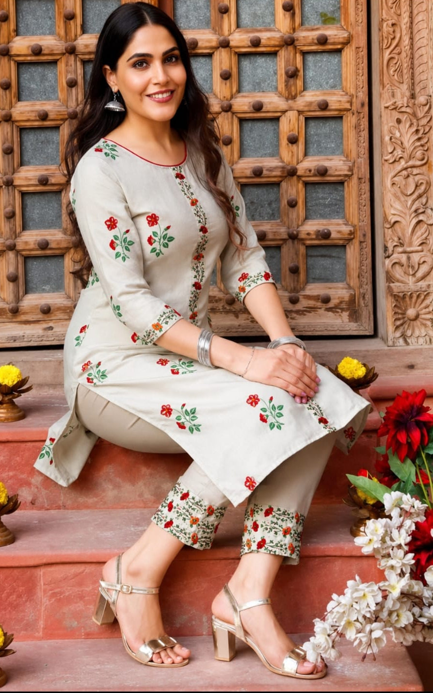 round neck cotton kurta, knee length, sleeves length is three quater