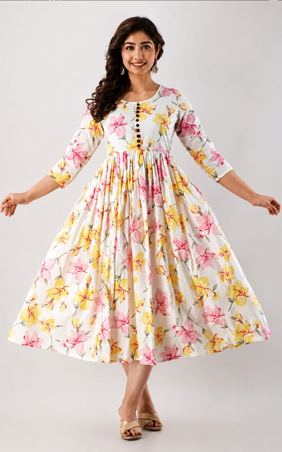 rayon anarkali kurti in round neck, sleeves length is three quater