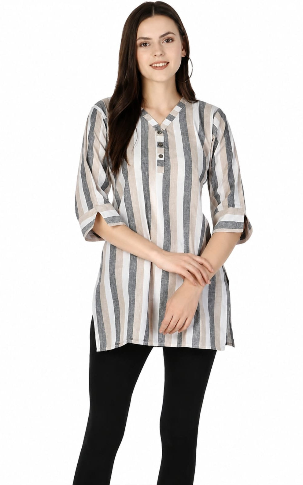 new khadi cotton kurti in V-neck, sleeves lengths three quater