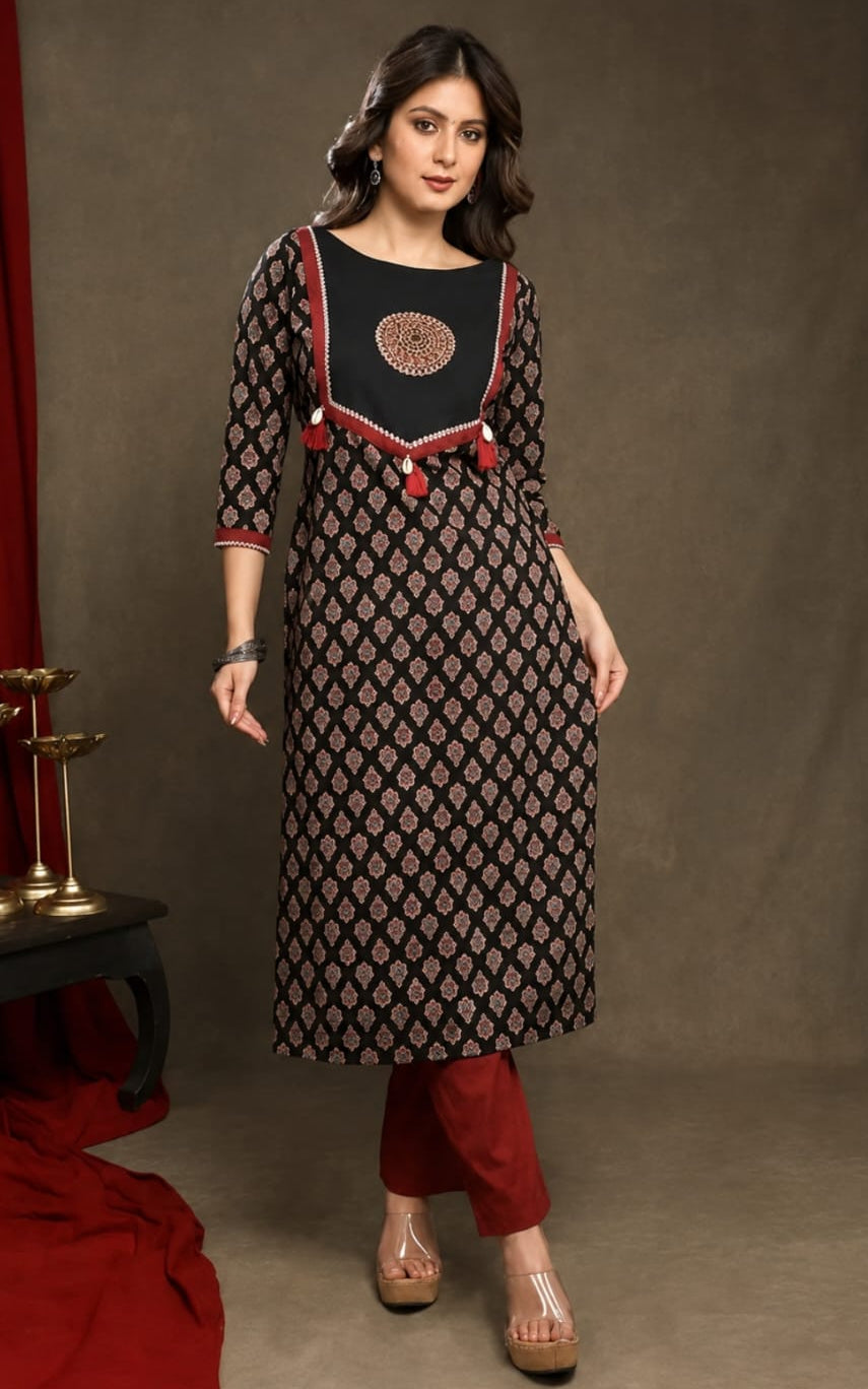 traditional straight fit kurti, claf length, sleeve length if three quater