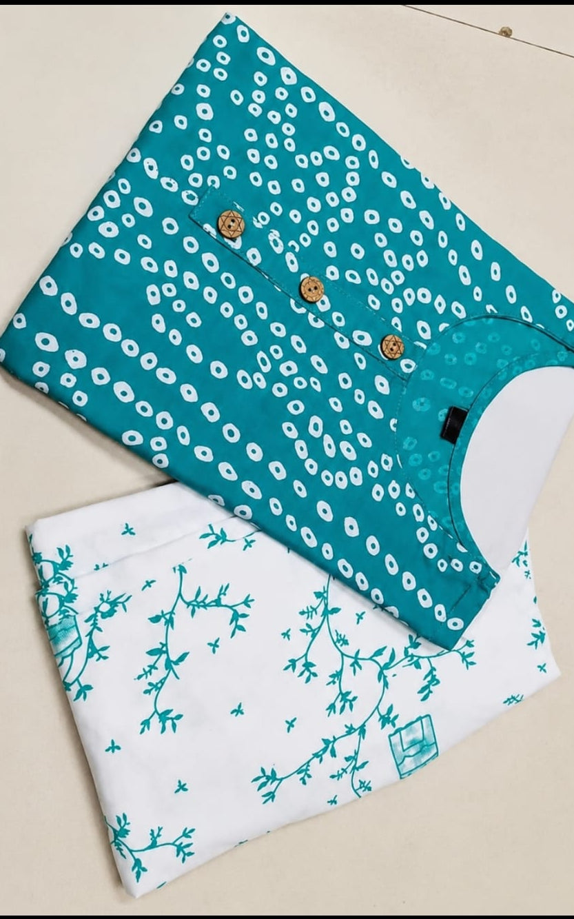 cotton kurti with bottomwear, round neck, calf length, sleeve length is three quater