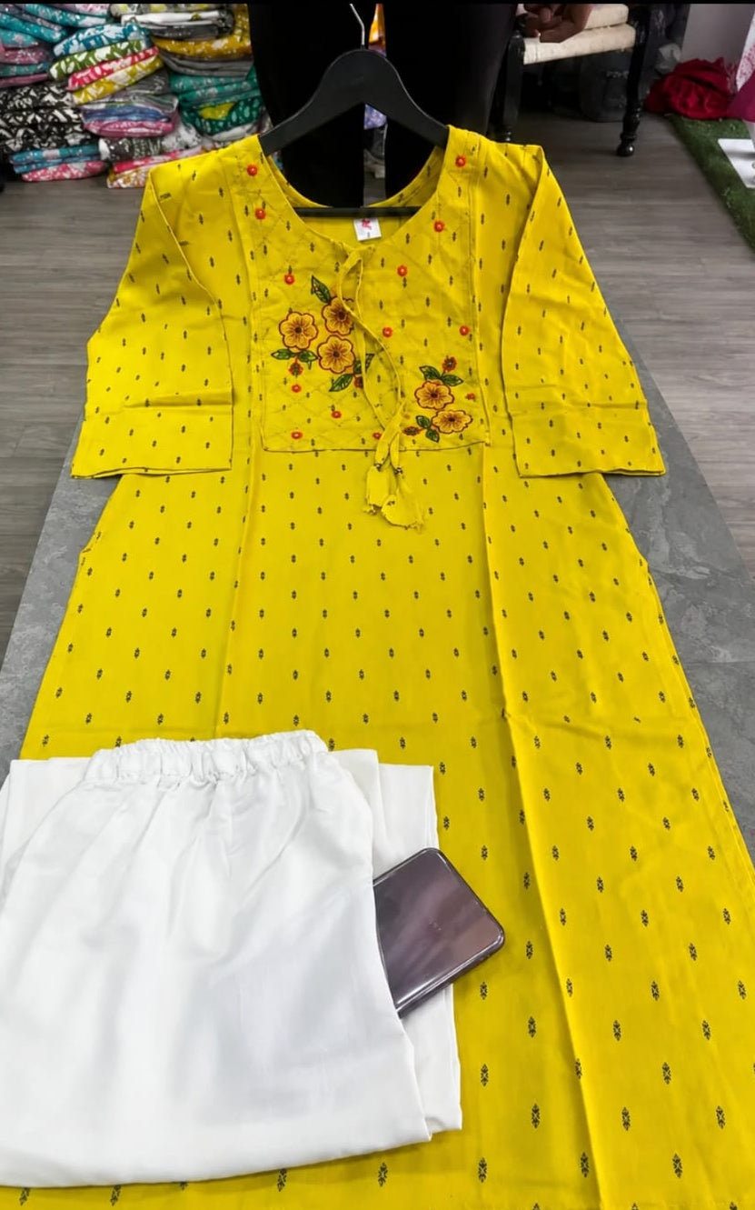 rayon kurti with palazzo, round neck, calf length,sleeve length is three quater