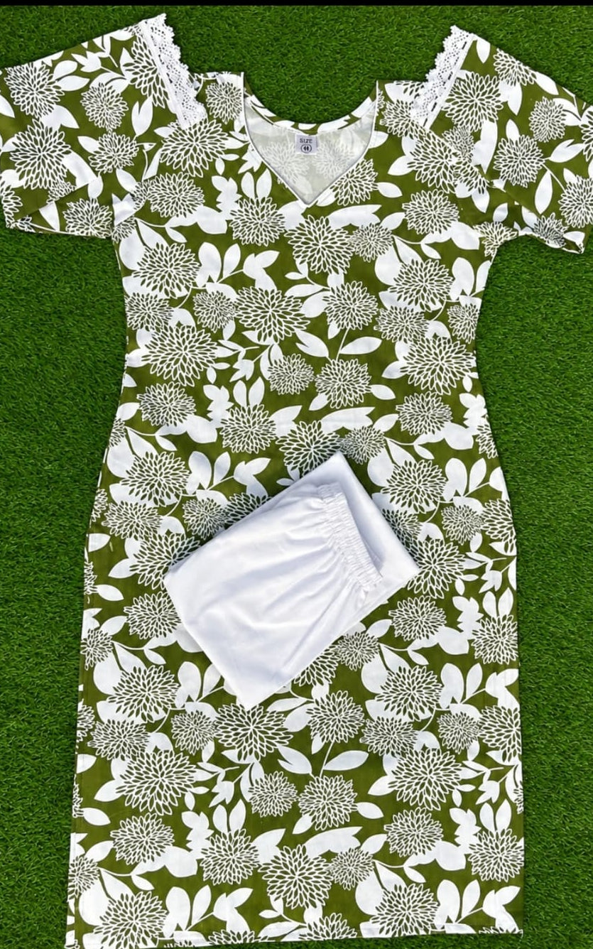 khadi cotton kurti with paijama, knee length, sleeve length is three quater