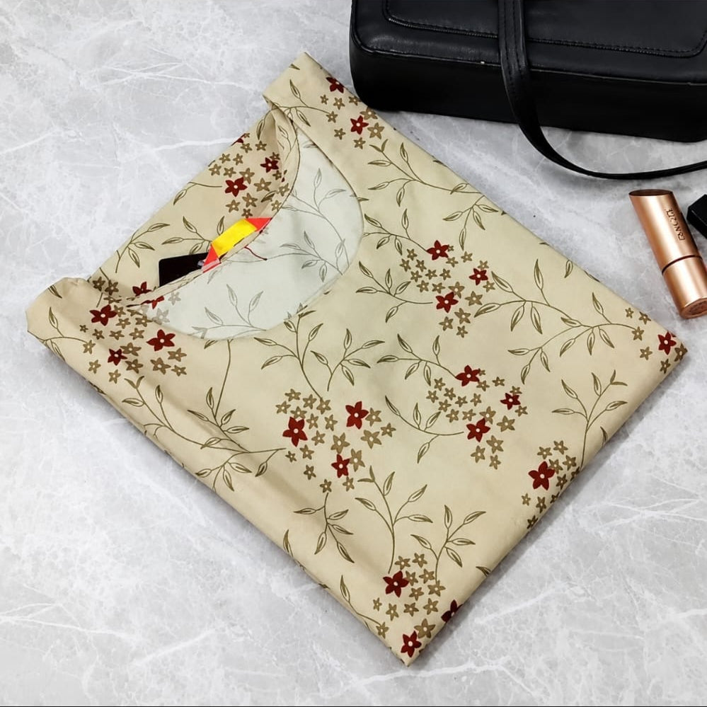 polyester crepe A line kurti, round neck, calf length, sleeves length is three quater