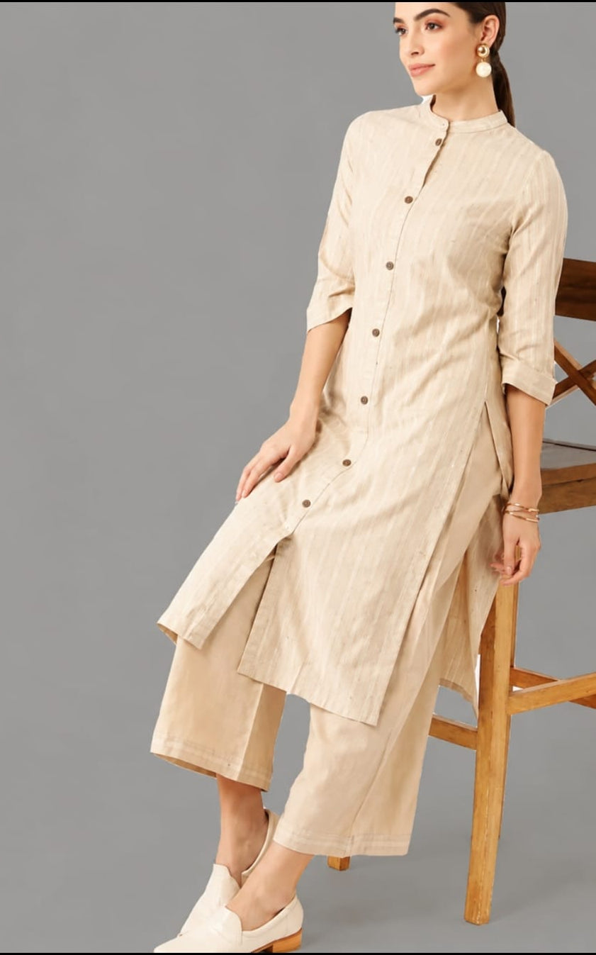 cotton kurta with bottomwear, calf length, mandarin neck, sleeve length three quater