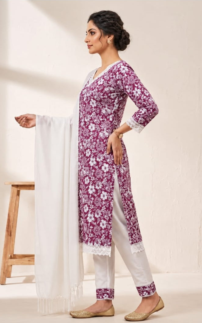 Womens Kurta with Bottomwear and Duppata, Round Neck, Calf Length