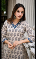 cotton short kurti in V-neck, calf length, sleeve length is three quater