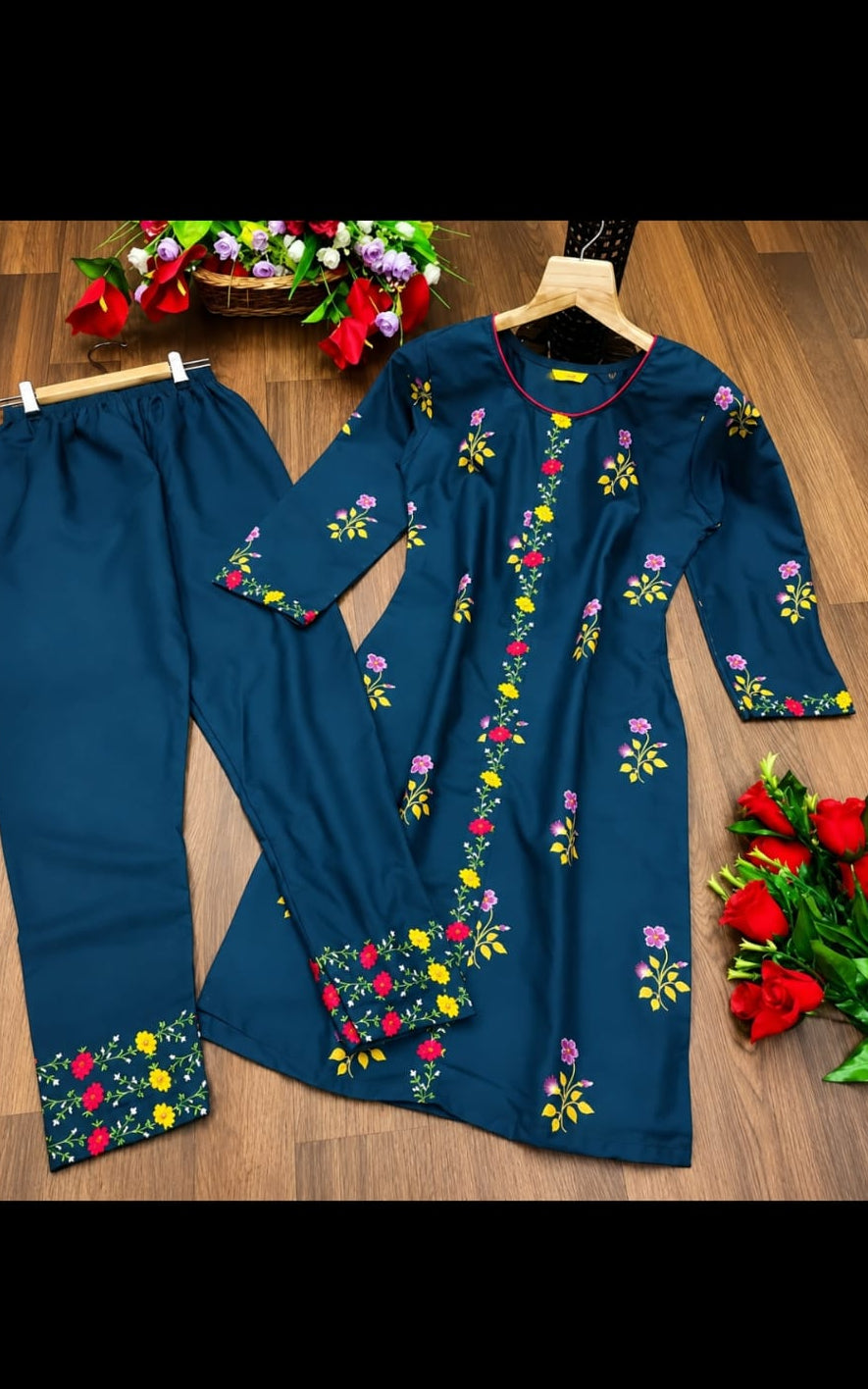 A-line cotton kurti with bottomwear, round neck, calf length, three quater sleeves