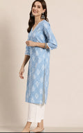 printed V-neck cotton kurti, calf length, sleeves length is three quater