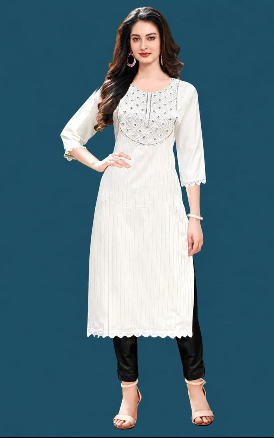 Round neck cotton kurti, calf length, sleeves length is three quater