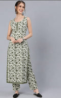 Printed round neck cotton kurti with bottomwear, calf length, sleeveless