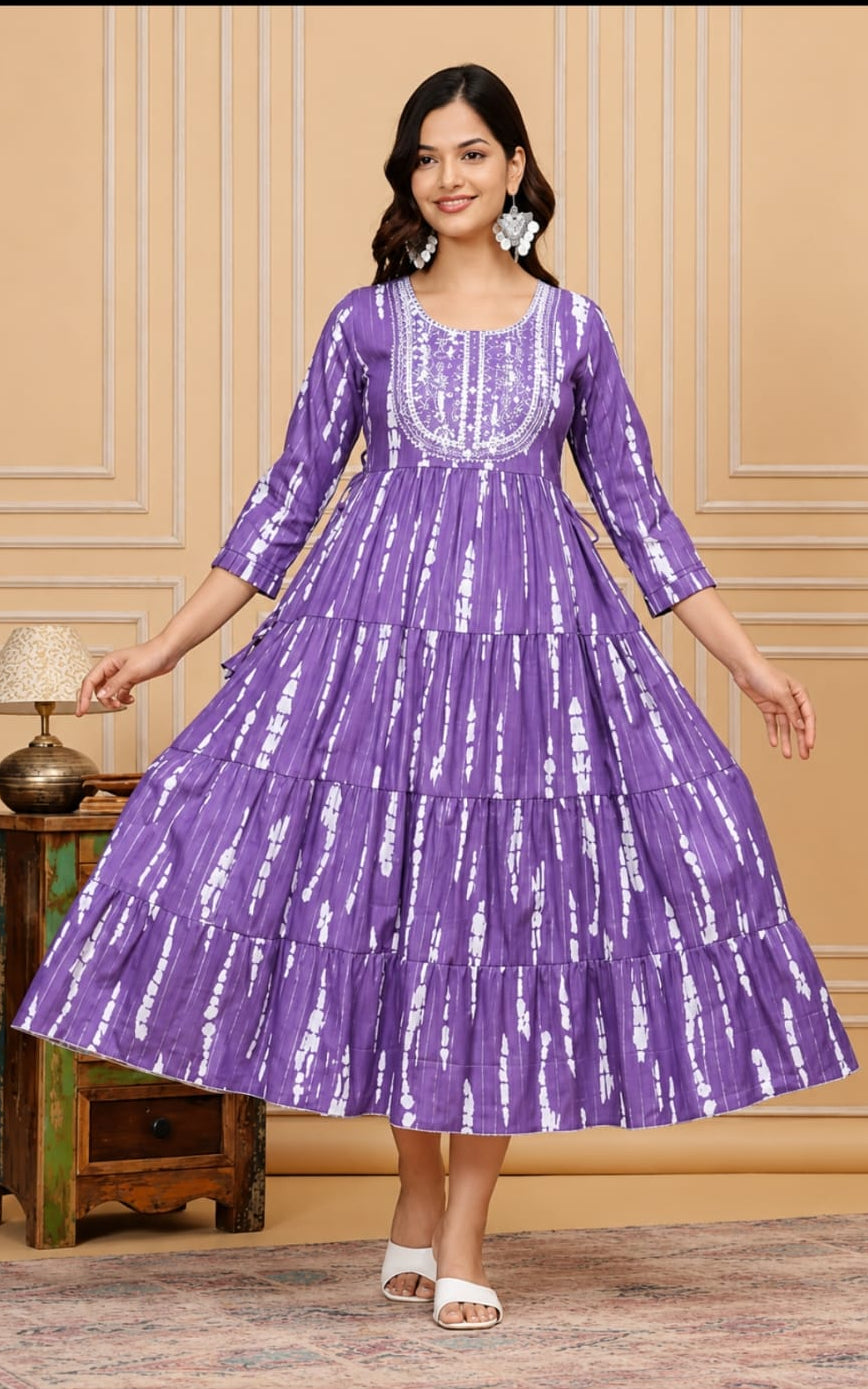 Round neck viscous rayon kurti, calf length, sleeves length is three quater