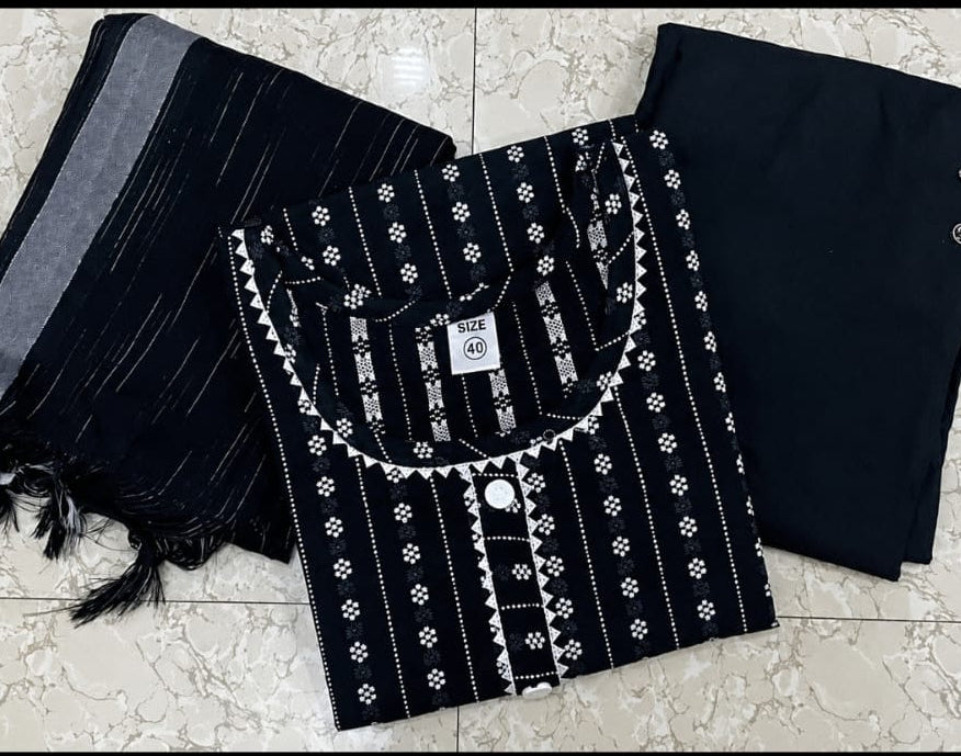 Kurta with duppata and bottomwear, round neck, calf length, three quater sleeves length
