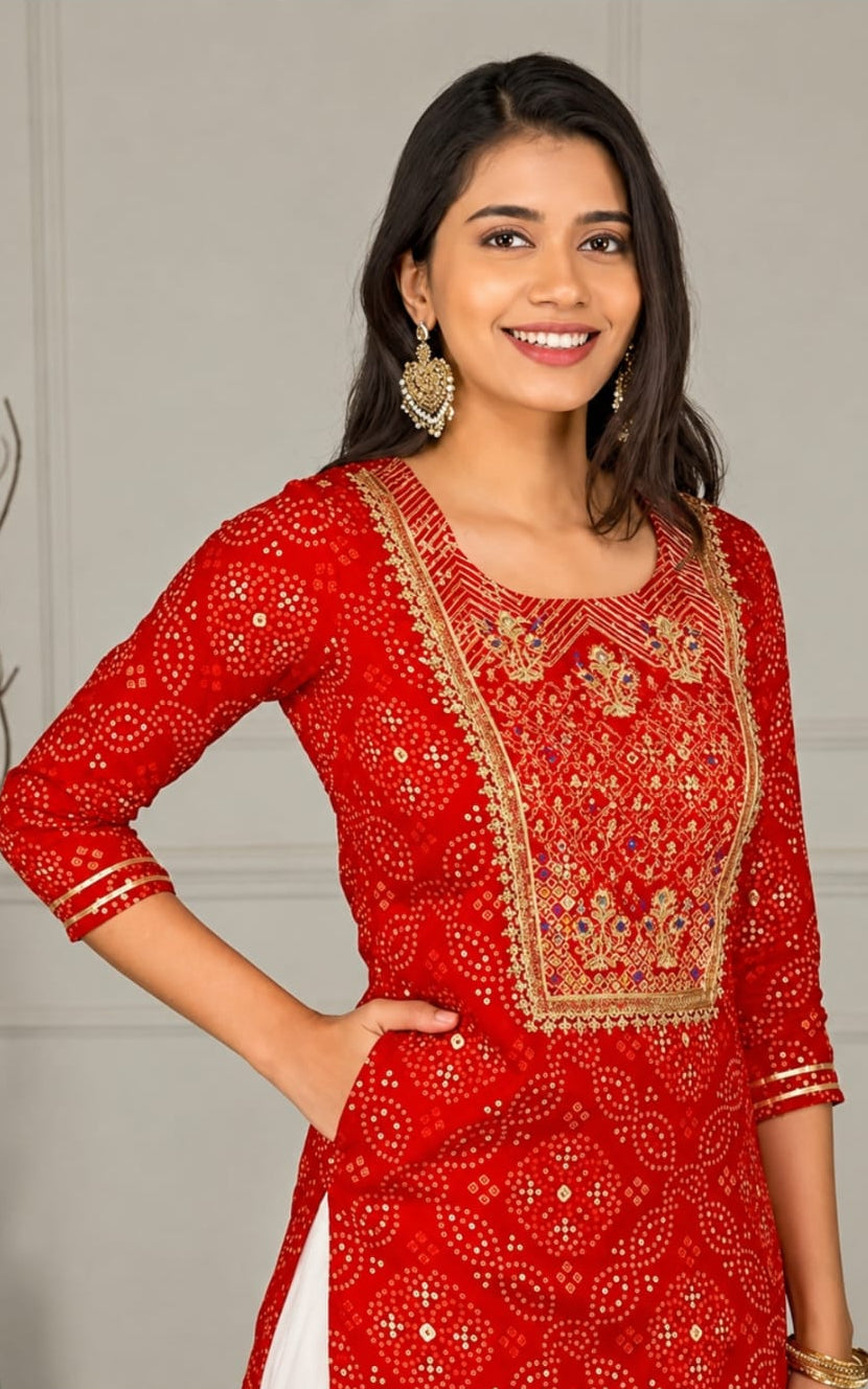 Rayon kurta with bottomwear, round neck, calf length, three quate sleeves