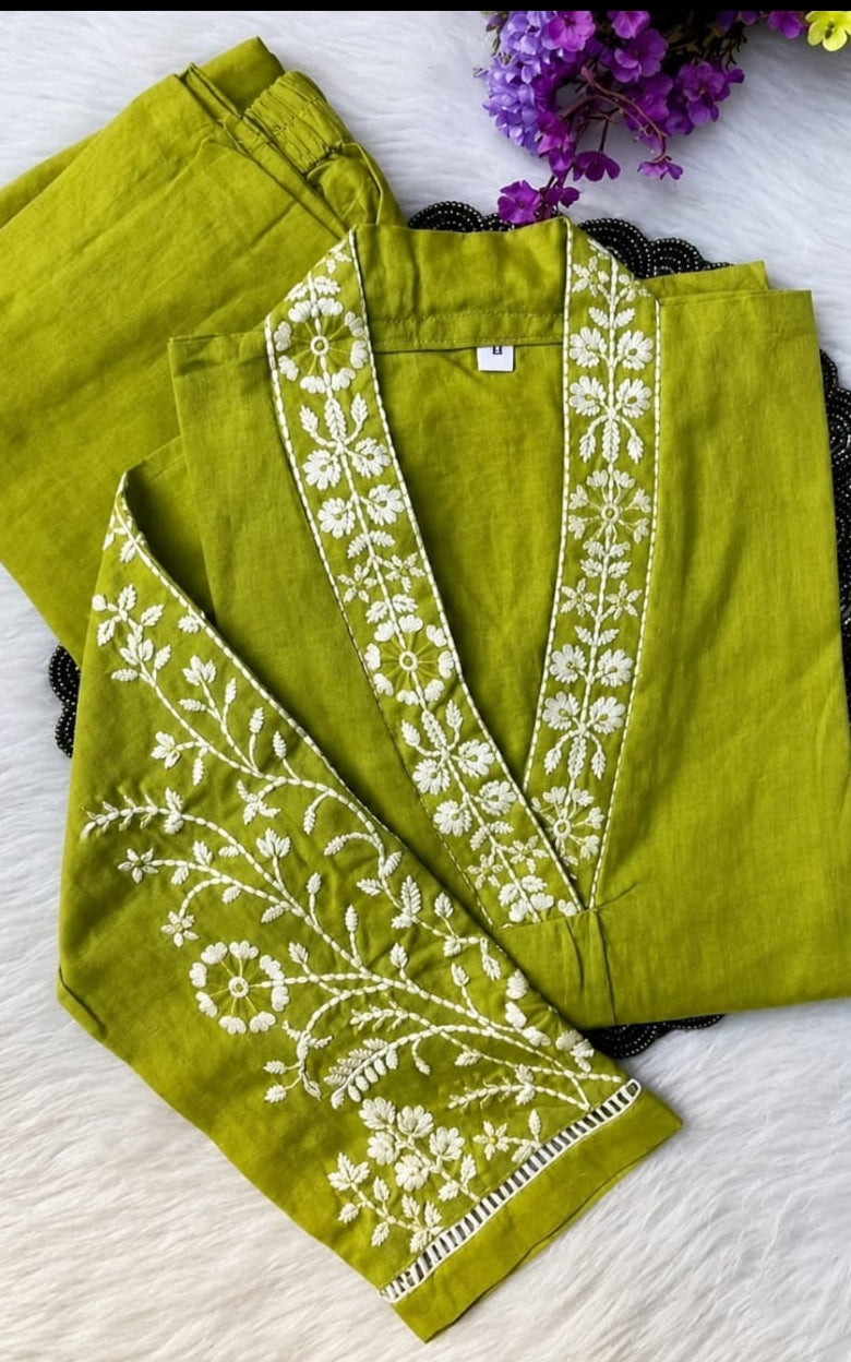 Cotton kurta with bottomwear, round neck, calf length, three quater sleeves length