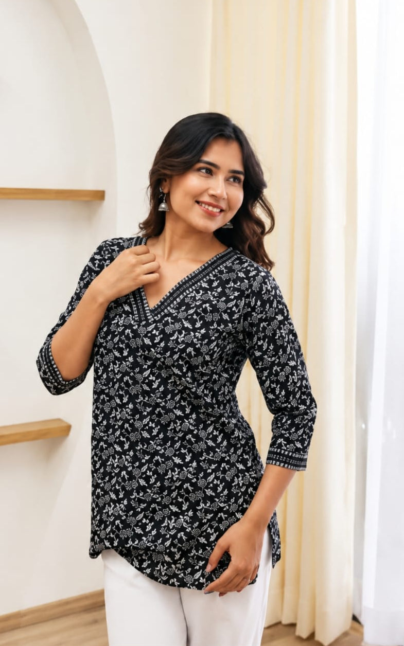 V-neck rayon short kurti, above knee, sleeves length is three quater