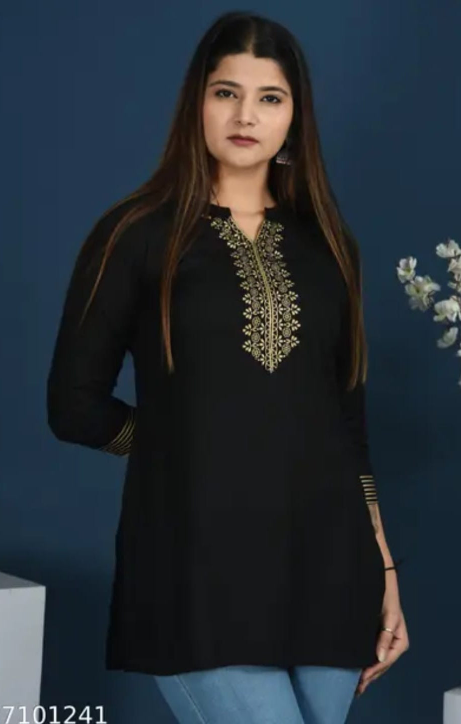 Mandarin neck rayon kurti, calf length, sleeves length is three quater