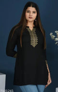 Mandarin neck rayon kurti, calf length, sleeves length is three quater