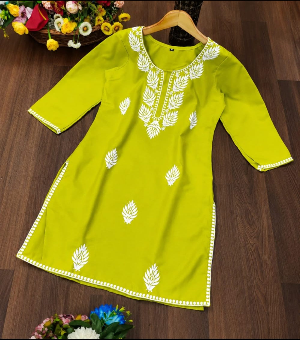 Cotton blend round neck kurti, above knee, sleeves length is three quater