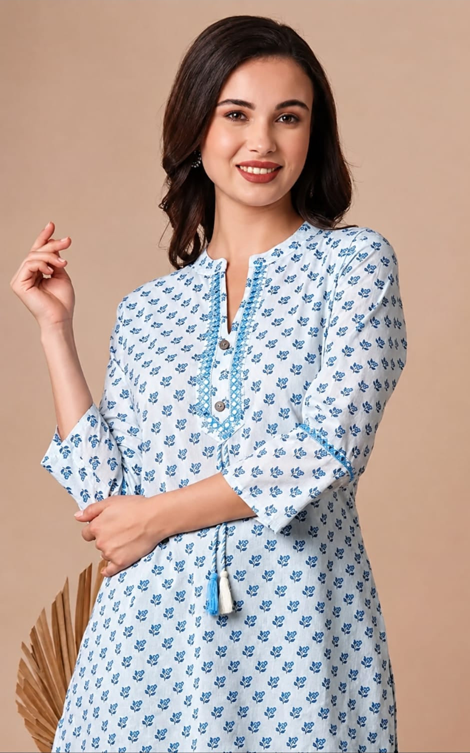 Rayon short kurti, round neck, above knee, sleeves length is three quater