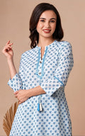 Rayon short kurti, round neck, above knee, sleeves length is three quater