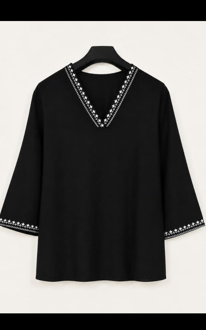 V-neck rayon short kurti, above knee, sleeves length is three quater