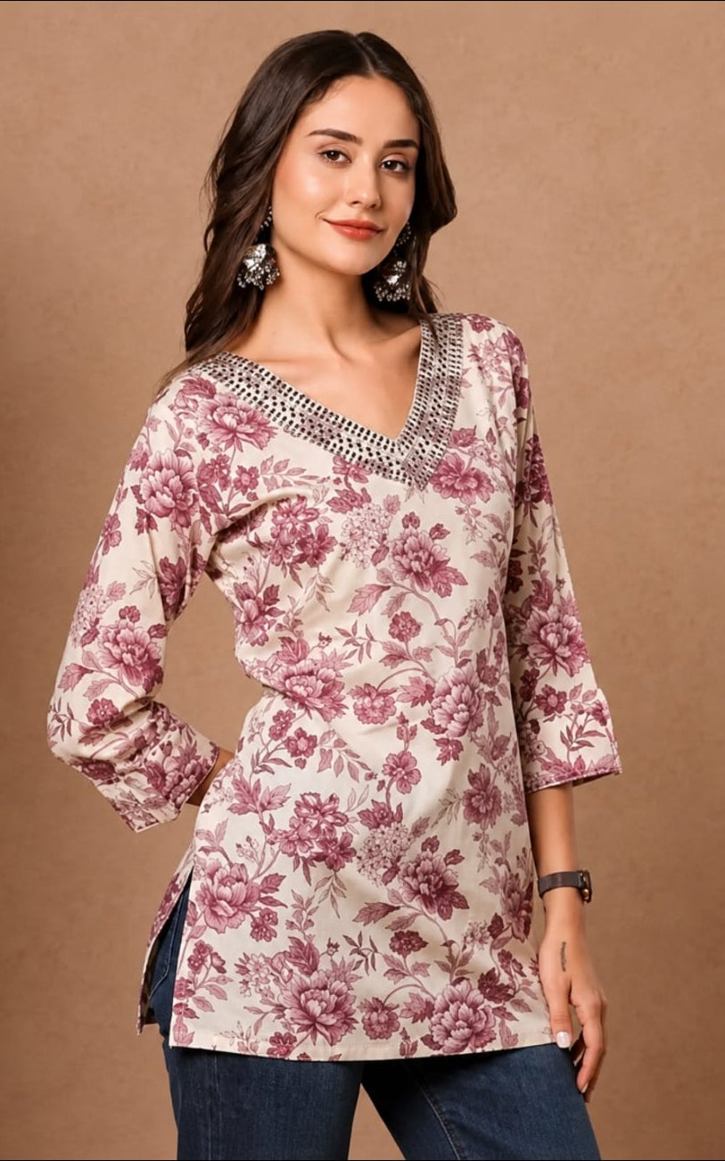 V-neck rayon short kurti, above knee, sleeves length is three quater
