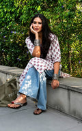 Round neck rayon kurti, calf length, sleeves length is three quater
