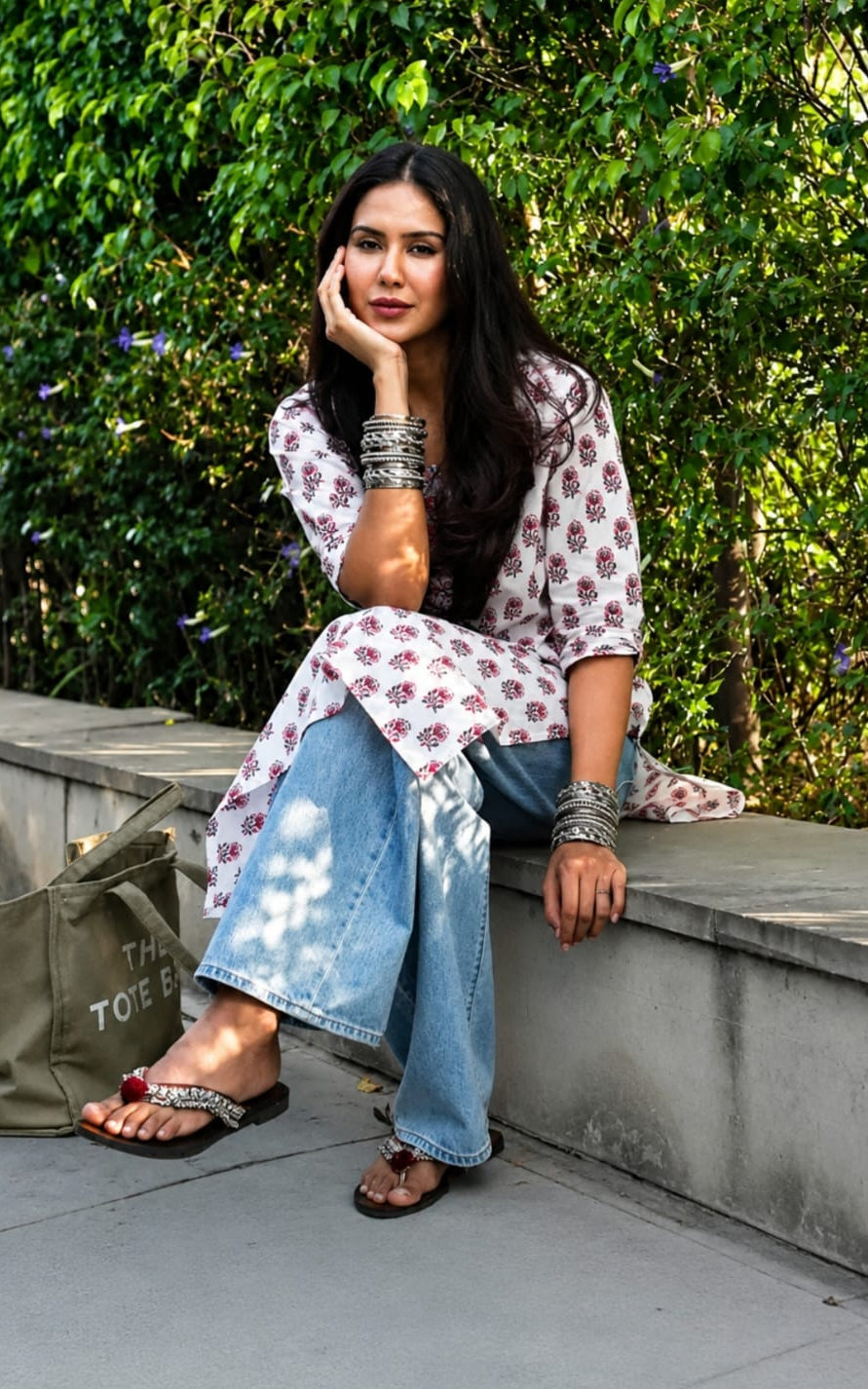 Round neck rayon kurti, calf length, sleeves length is three quater
