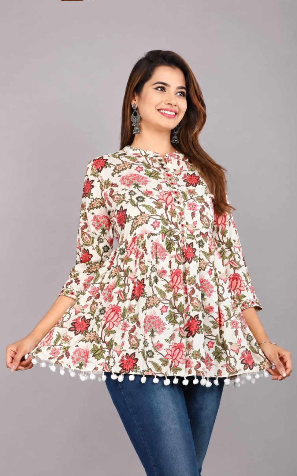 Mandarian collar rayon kurti, regular length, sleeves length is three quater