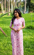 Notch neck cotton blend kurti, calf length, short sleeves
