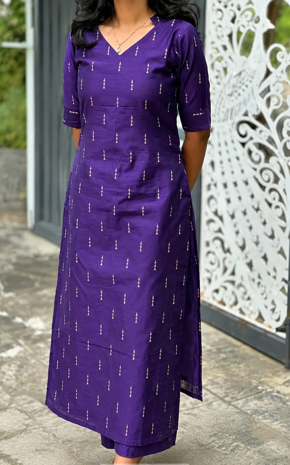 Round neck viscous rayon kurti, calf length, sleeves length is three quater
