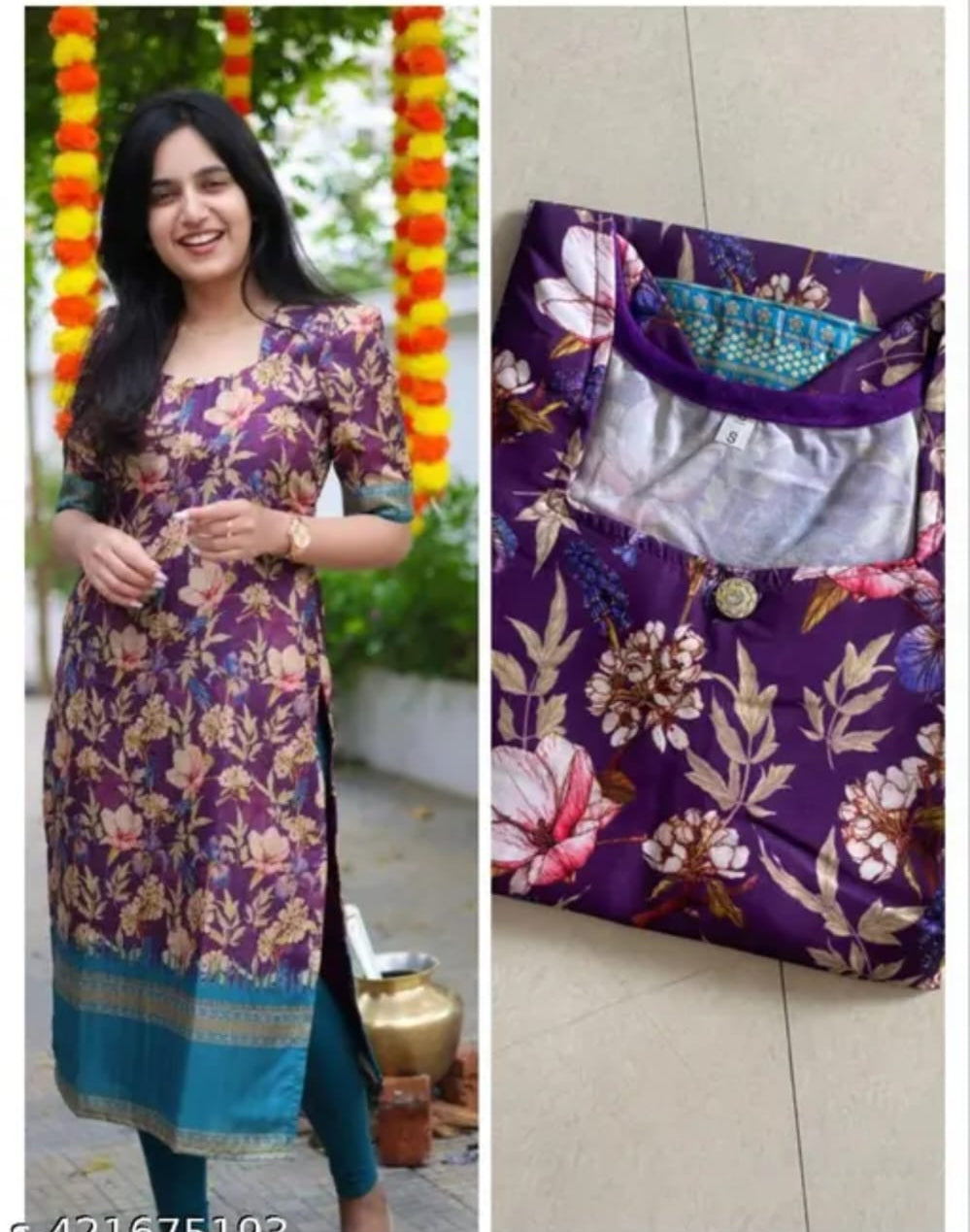 Round neck cotton kurti, ankle length, short sleeves