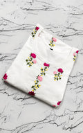 Cotton kurti in round neck, calf length, sleeves length is three quater