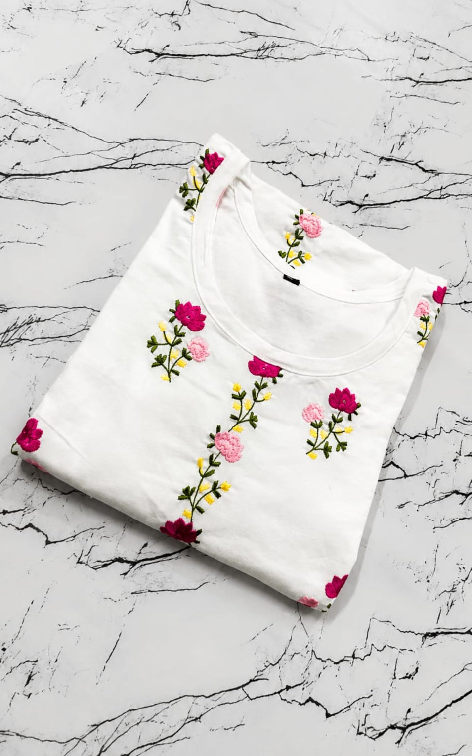 Cotton kurti in round neck, calf length, sleeves length is three quater