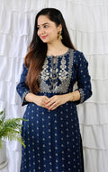 Rayon kurta with bottomwear, round neck, calf length, three quater sleeves