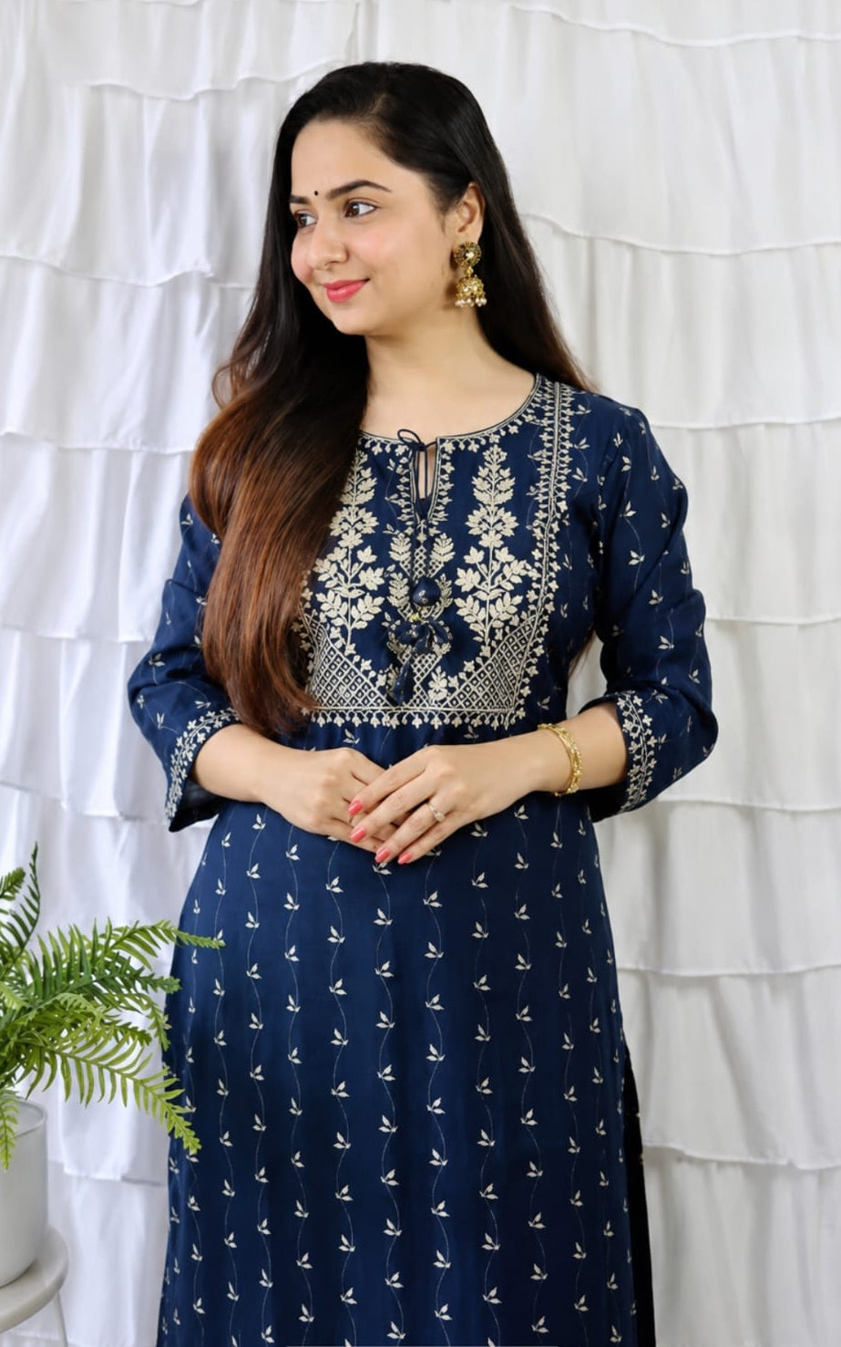 Rayon kurta with bottomwear, round neck, calf length, three quater sleeves
