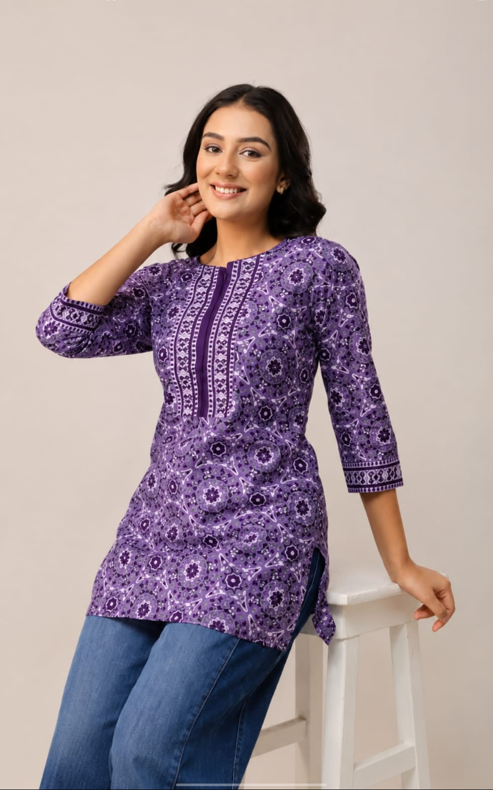 Notch neck rayon kurti, above knee, sleeves length is three quater