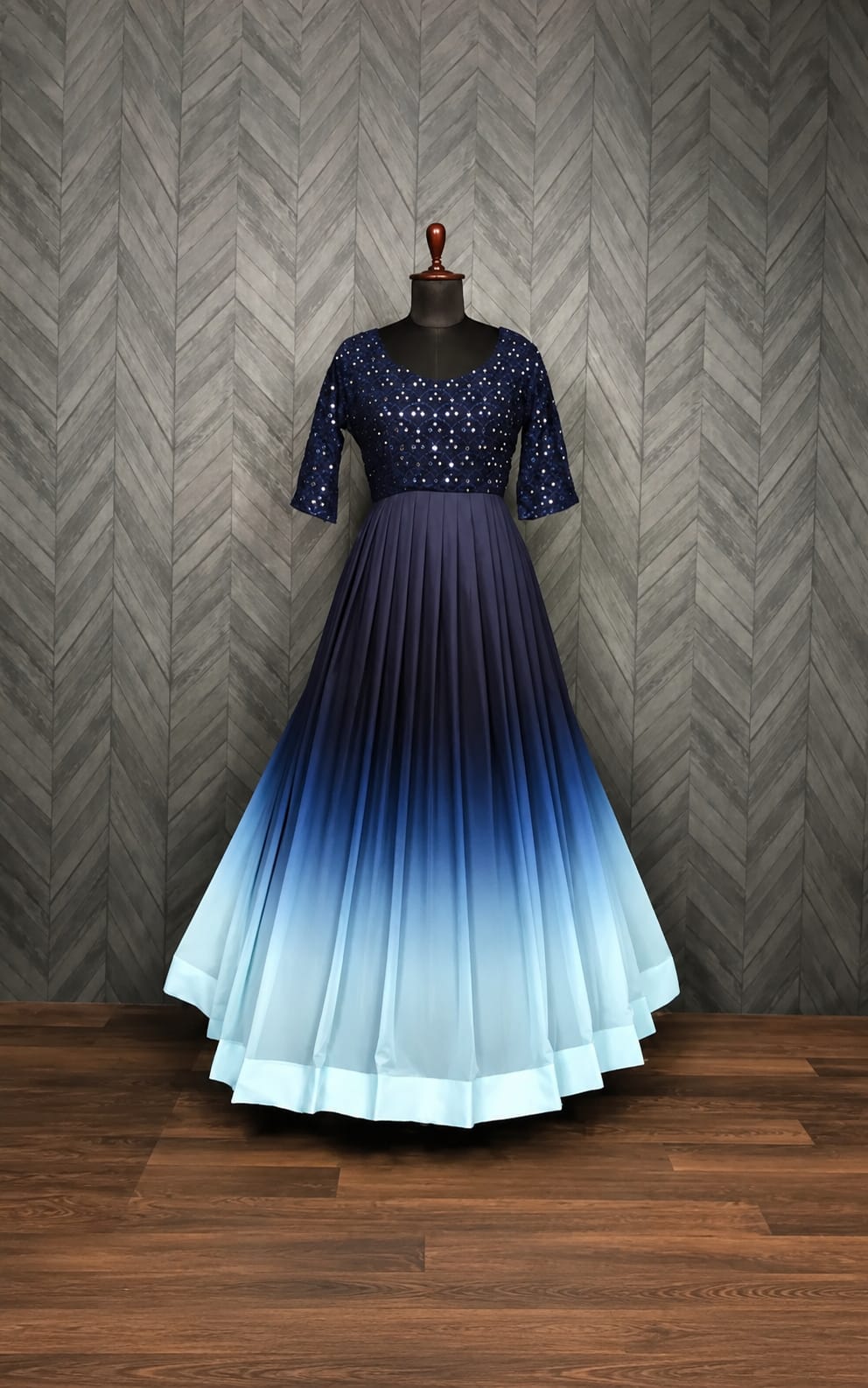 Ankle length, georgette fabric, stylised neck, three quater sleeves