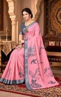 Pink cotton linen womens saree with Running Blouse