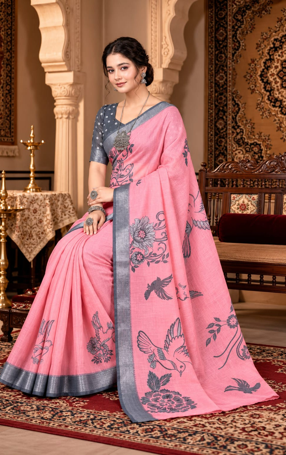 Pink cotton linen womens saree with Running Blouse